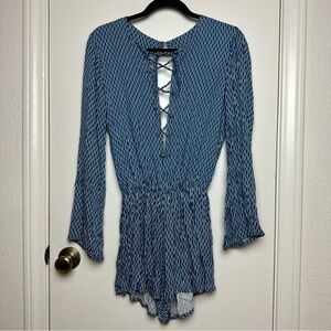 Faithfull the Brand Lace V Neck Long Sleeve Blue Pattern Romper S